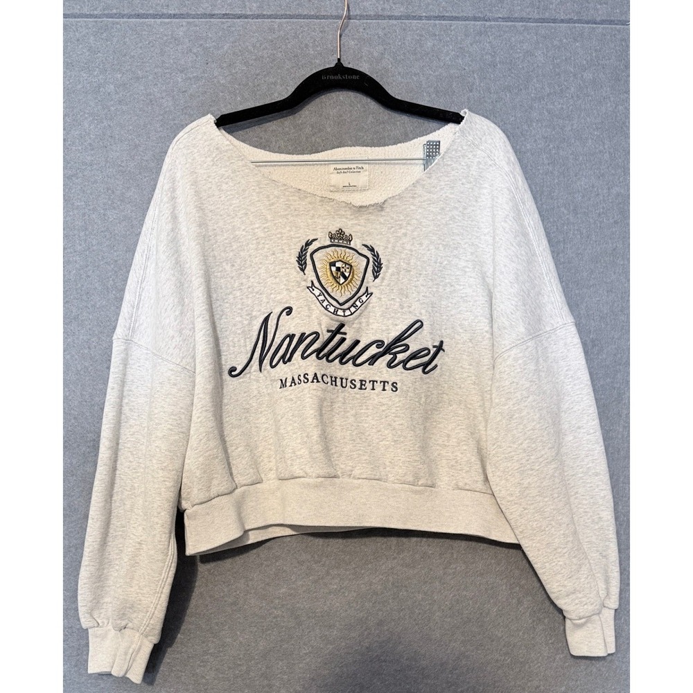 Abercrombie & Fitch Nantucket Yachting Coastal Sweatshirt Large Gray Crop Preppy